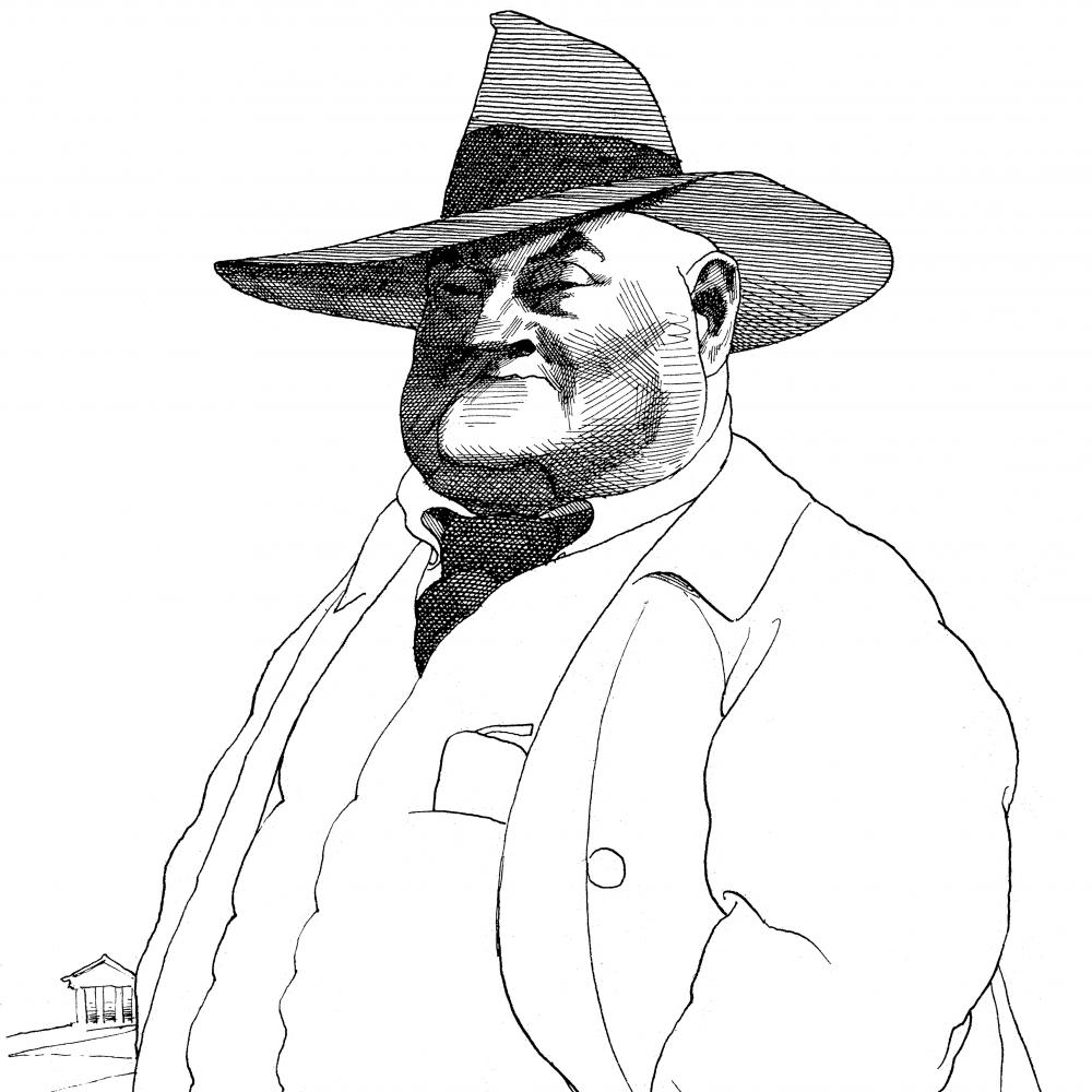 line drawing of a large man in a wide-brimmed hat