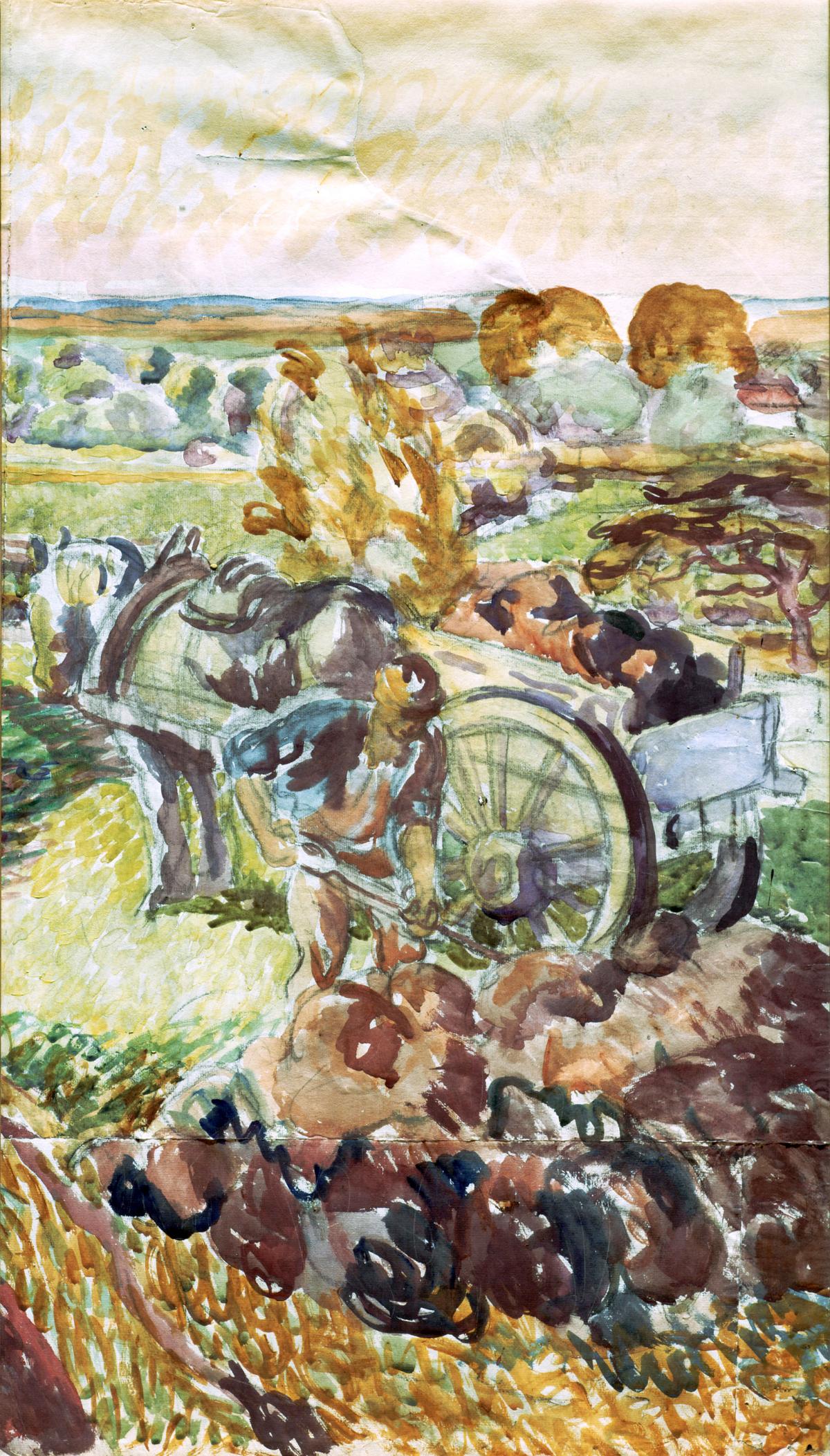 Swirling brushstrokes create a scene of a farmer shoveling soil, with a horse-drawn cart behind him, in the midst of rolling hills and farmland, done in greens and browns