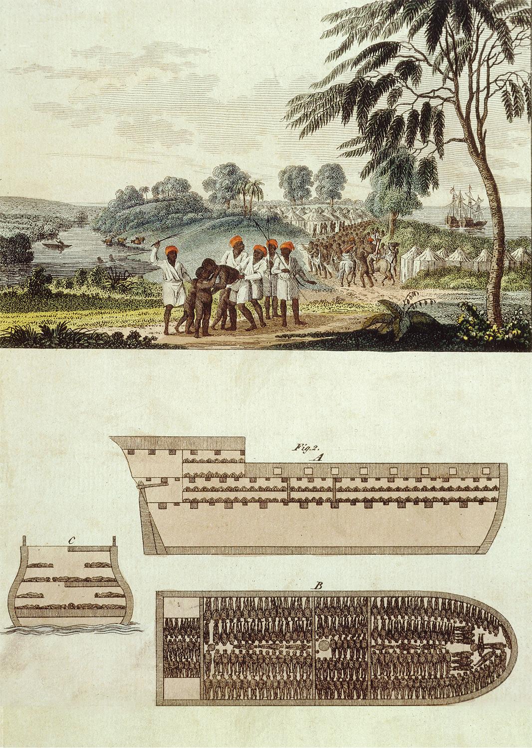 Colored engraving of layout of a slave ship