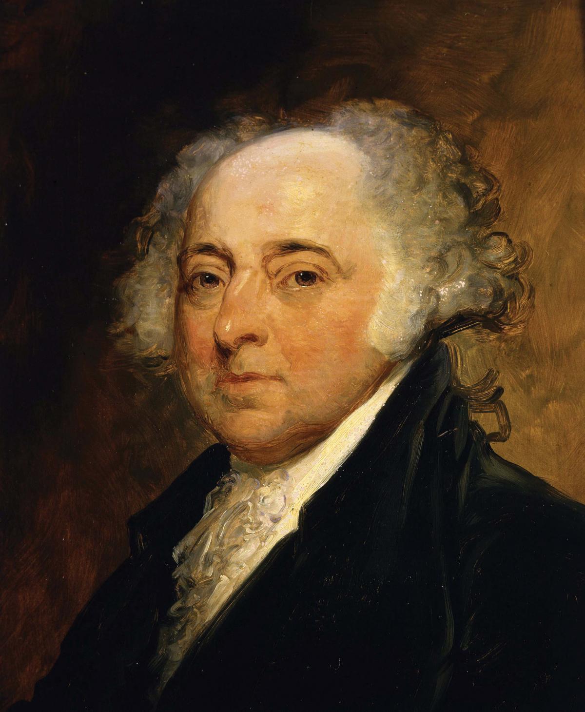 John Adams in a dark suit, head and shoulders portrait on a brown background
