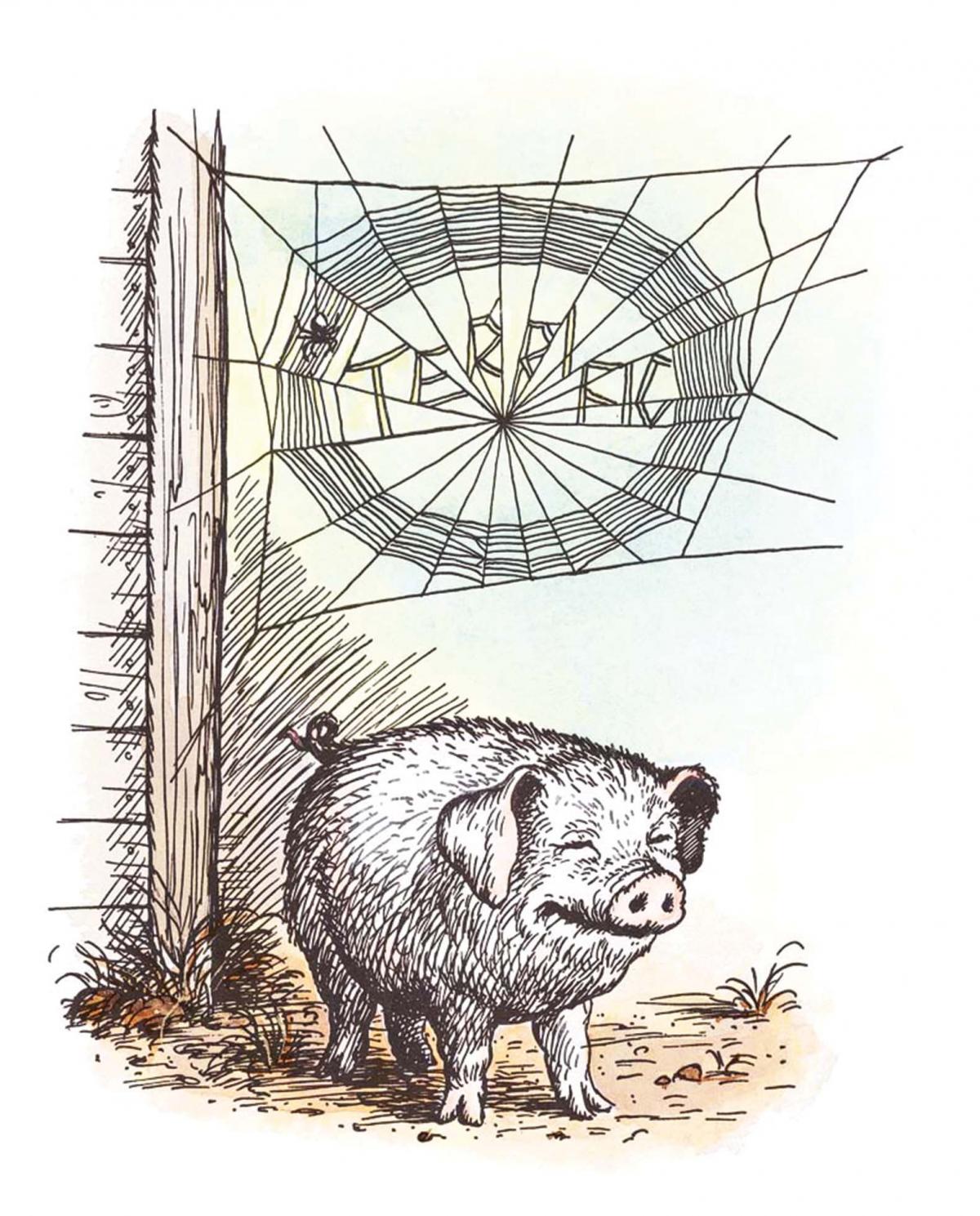 Wilbur the pig, standing and smiling underneath the spider's web which spells out "terrific"