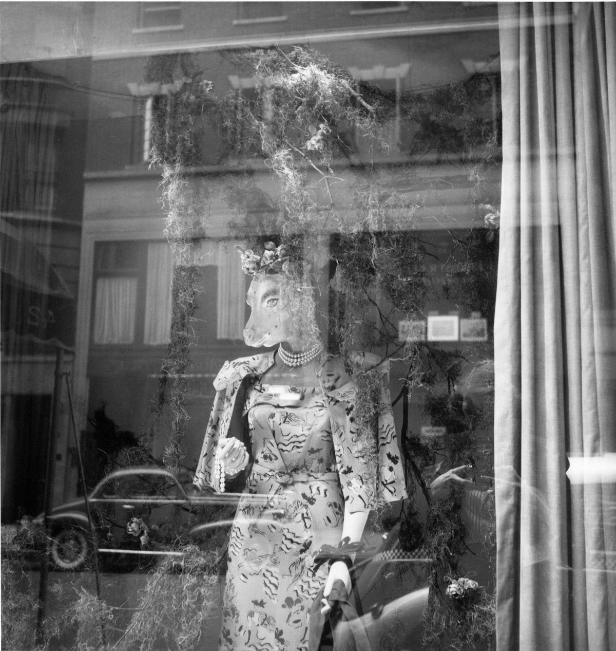 A cow-headed mannequin wears a floral dress and matching jacket in a shop window
