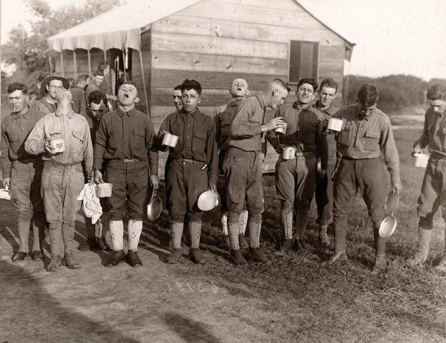Men at Camp Dix gargle with salt and water to ward off the flu in 1918.