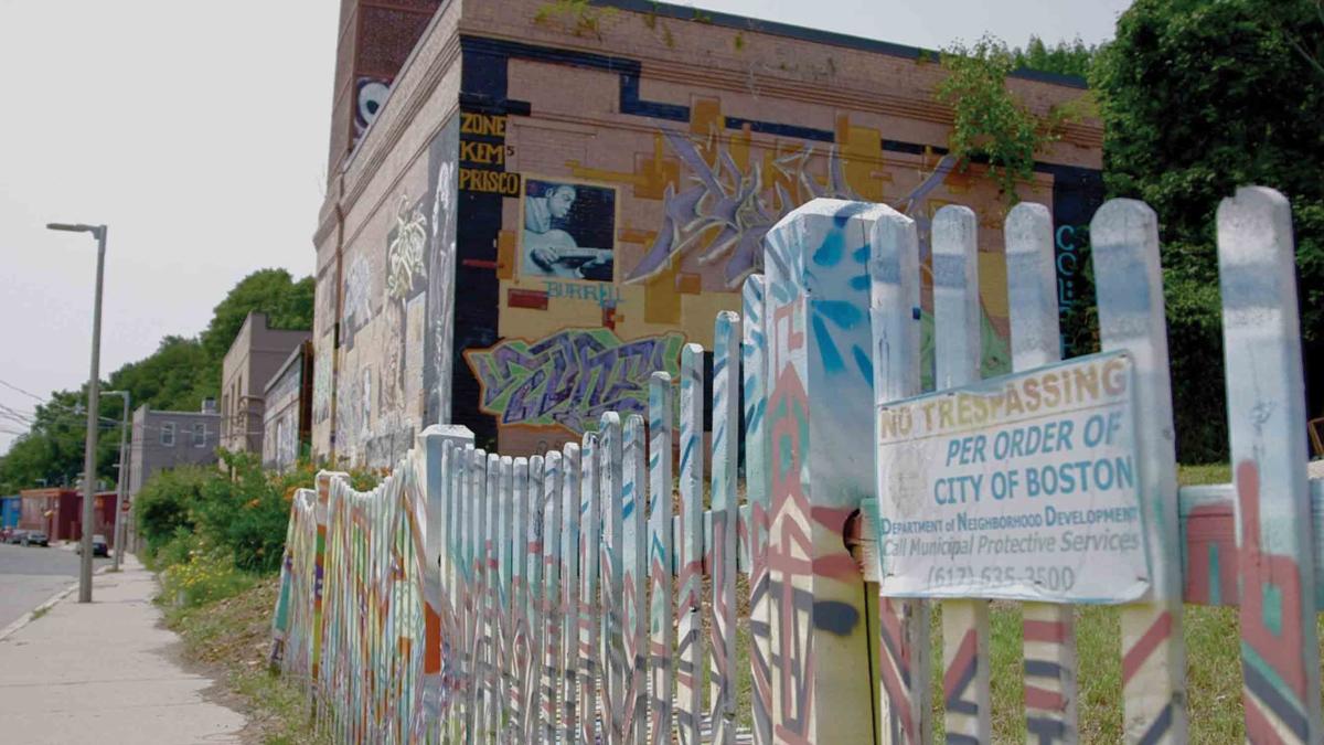 Photo of a community garden enclosed by a graffiti-painted fence. 