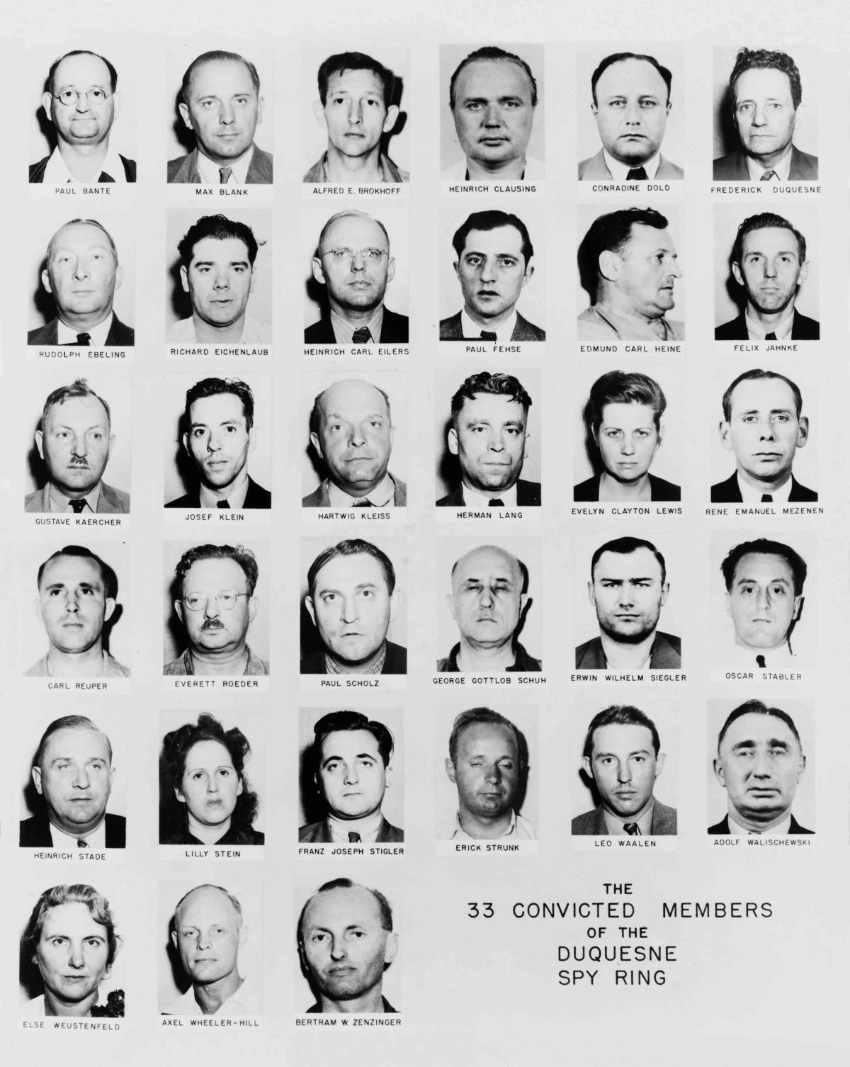 Mug shots of 33 Duquesne spy ring members. 