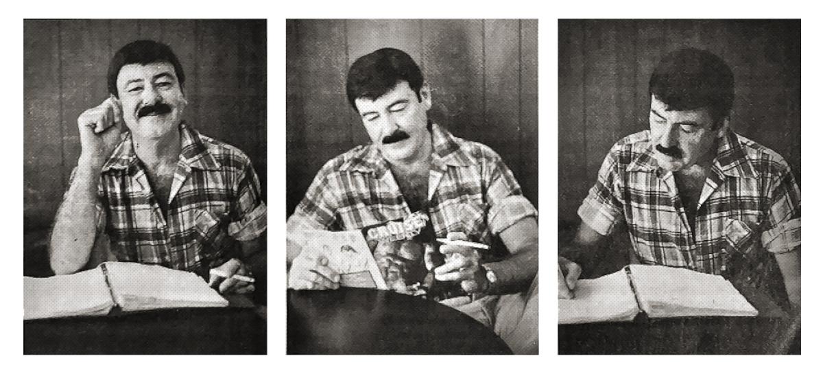 Three photographs of Bob Damron reading a magazine and jotting down notes