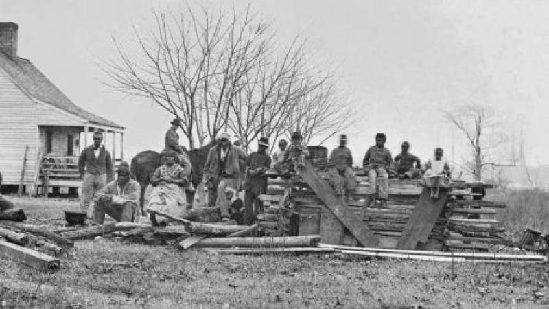 Black and white photo of a group of black boys sitting atop a large pile of lumber.