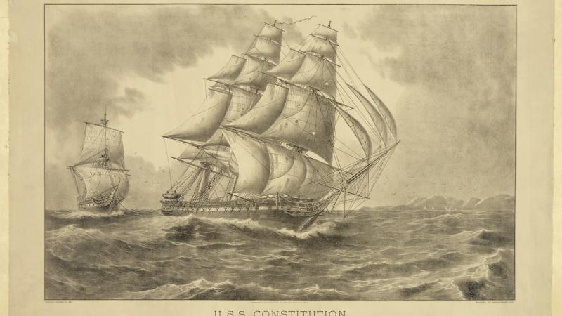 Illustration of the U.S.S Constitution, a sail-powered warship, towing a captured British vessel.