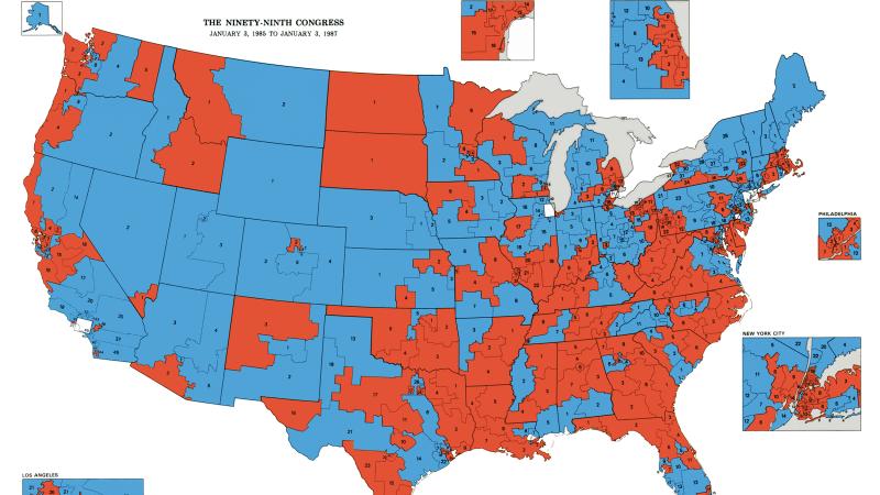A map showing the congressional districts of the United States coded by color: red for Democratic, blue for Republican.