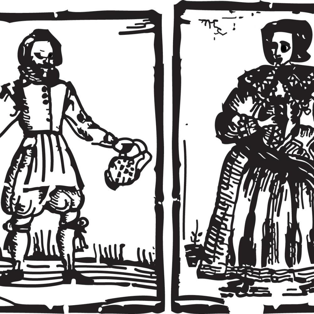 Black and white illustration of two fictional characters, a man and a woman.