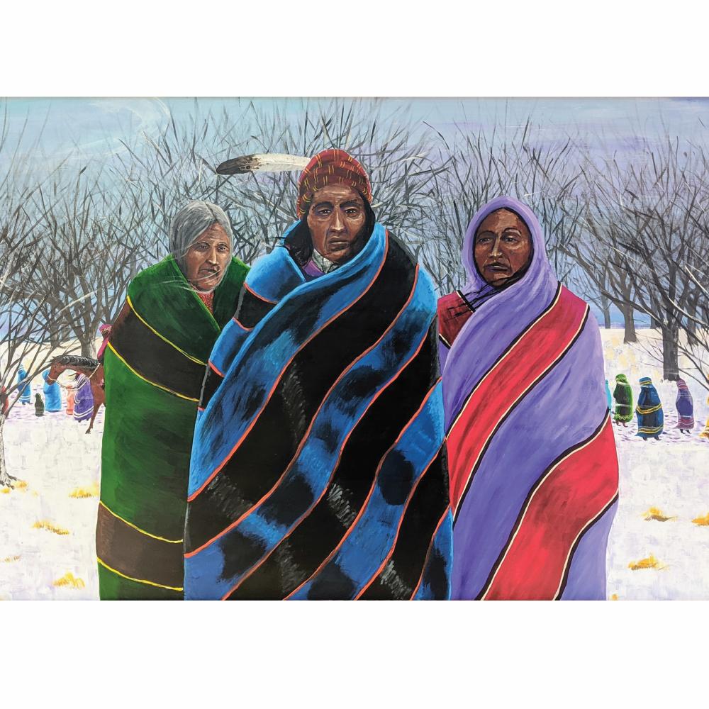 3 Native Americans wrapped in blankets standing in front of procession of travelers walking the Trail of Tears.