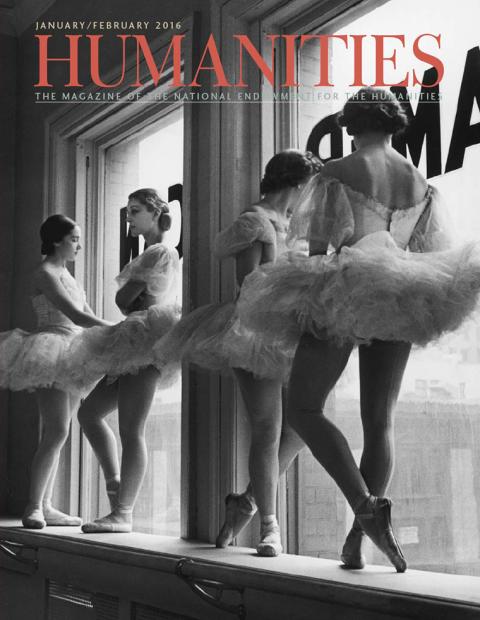 Ballerinas standing in window alcove of ballet school