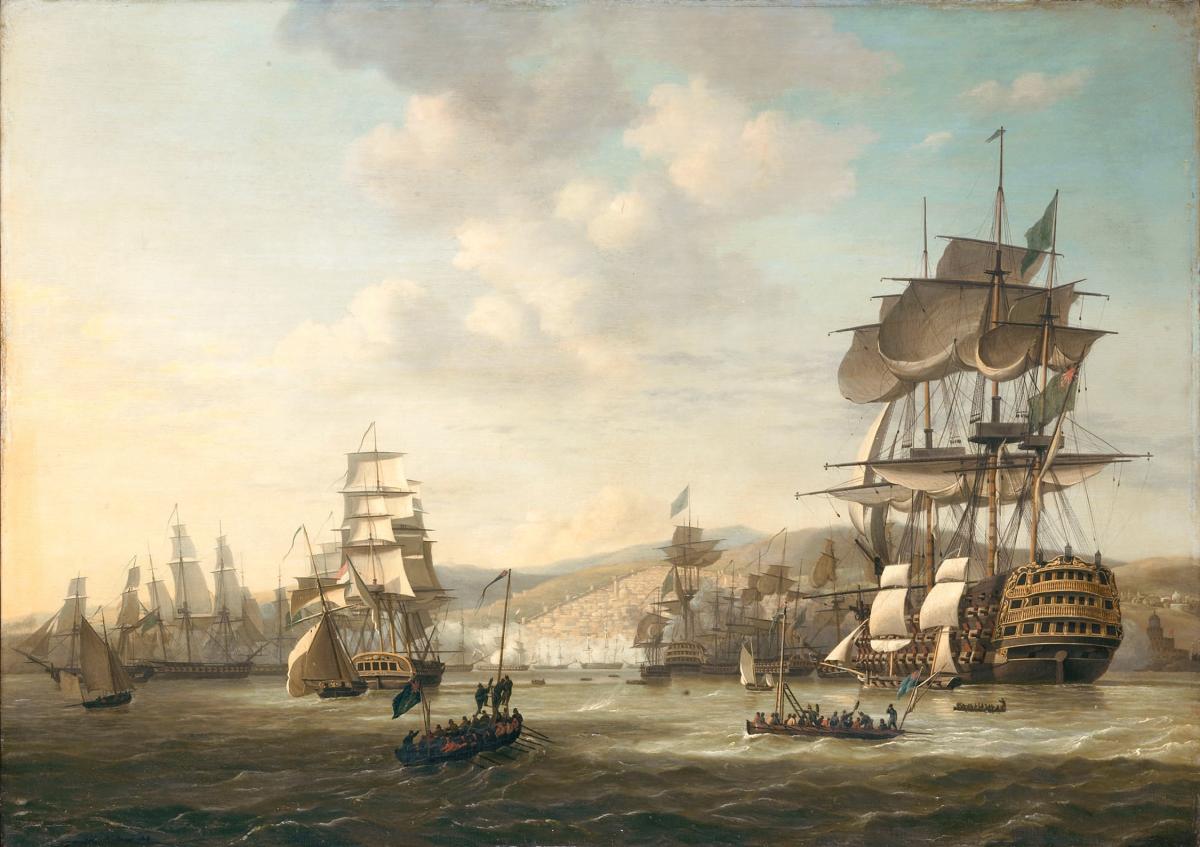 Painting of a fleet of ships in the Bay of Algiers