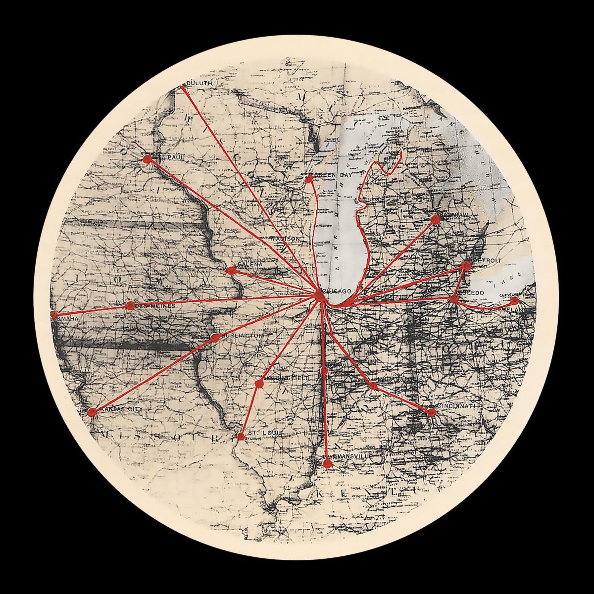 Circular diagram which shows Chicago's reach into the surrounding areas