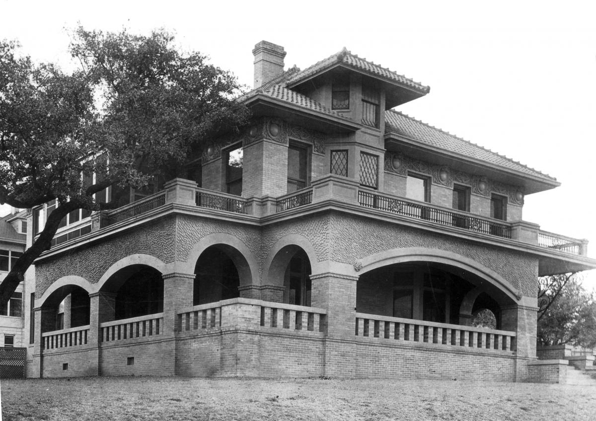 Byrne's house, with arches over the porch and tiled roof