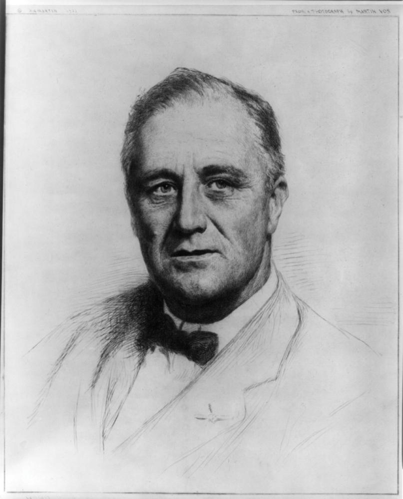 Pencil sketch of FDR, wearing a light colored suit and bow tie