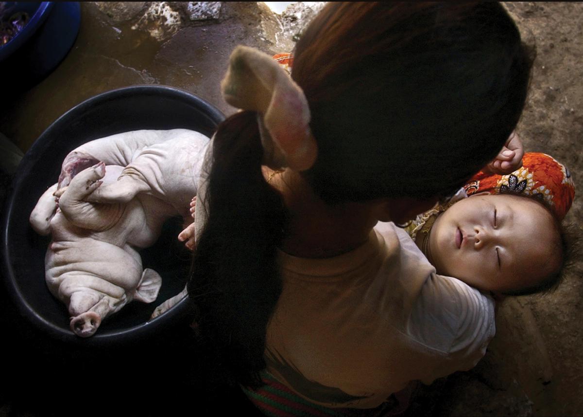 Photograph over the shoulder of a person holding a baby