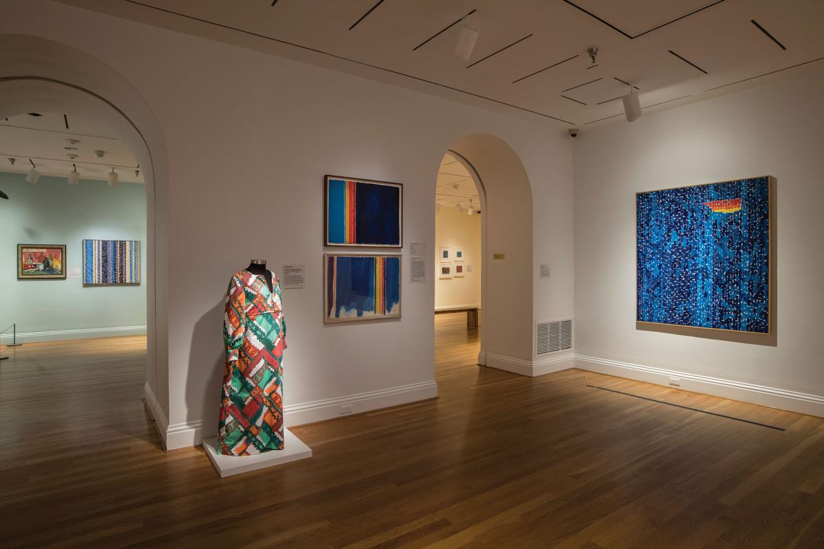 Installation photo of Alma Thomas exhibit that shows colorful dress