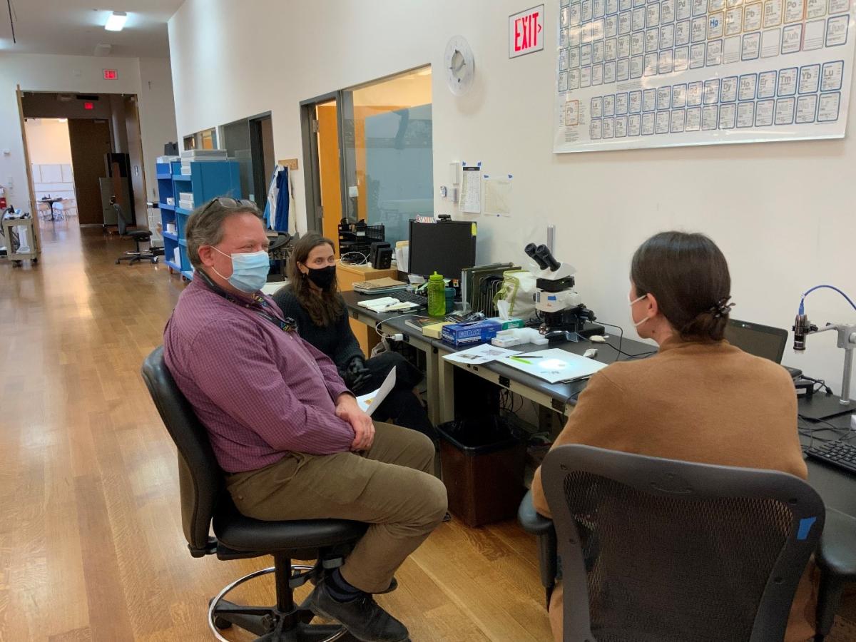 Skyler Jenkins meets with Peter Schertz, Jack and Mary Ann Frable Curator of Ancient, and Ainslie Harrison, the Head of Sculpture and Decorative Arts Conservation