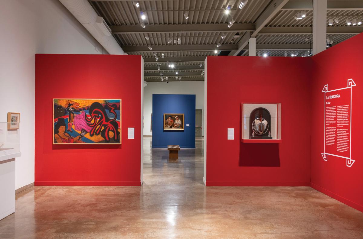 Malinche as Carmen at a bullfight and a mixed-media work in the shape of a heart