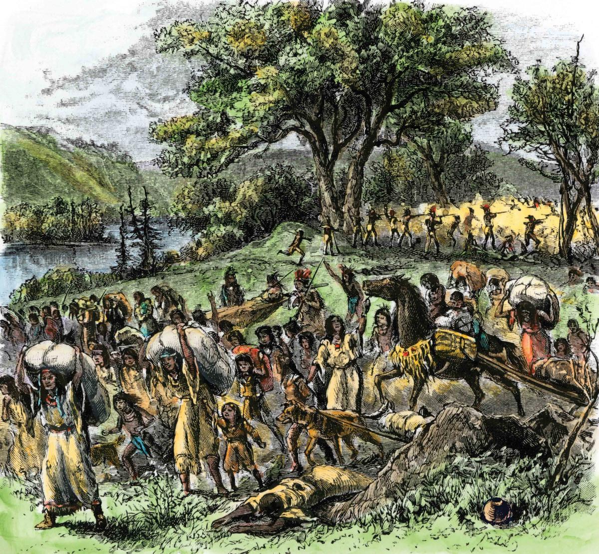 Painting of the Battle of Bad Axe depicting Native women and children fleeing fighting.