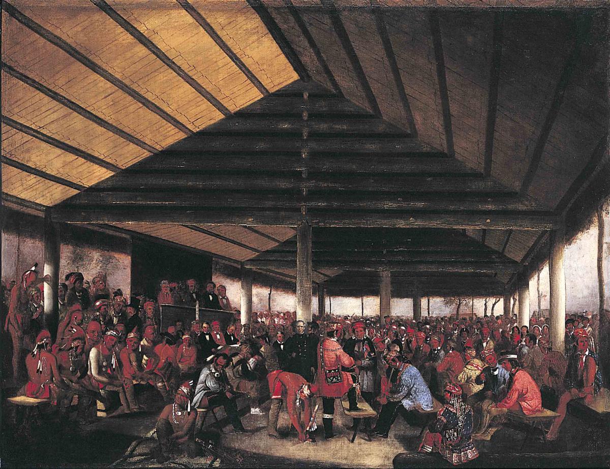 Painting of the 1843 International Indian Council in Tallequah, showing a large crowd of tribal members engaged in a discussion.
