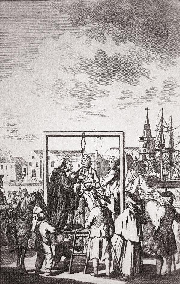 Engraving of a crowd surrounding a man with a noose around his neck