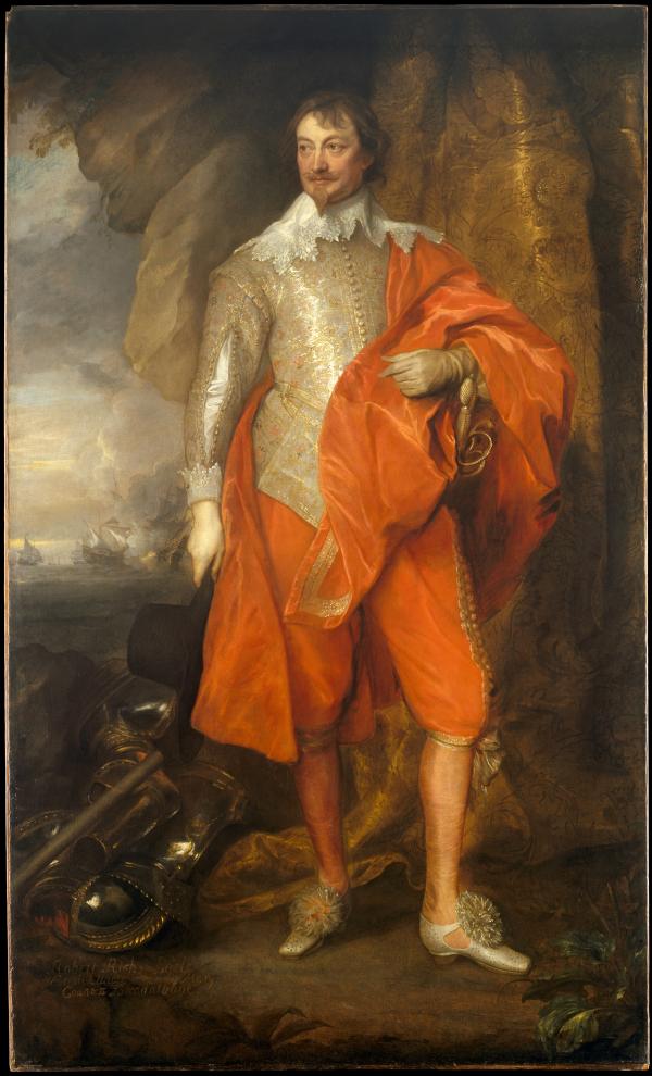 Painting of a 17th century man in golden clothing and orange cape