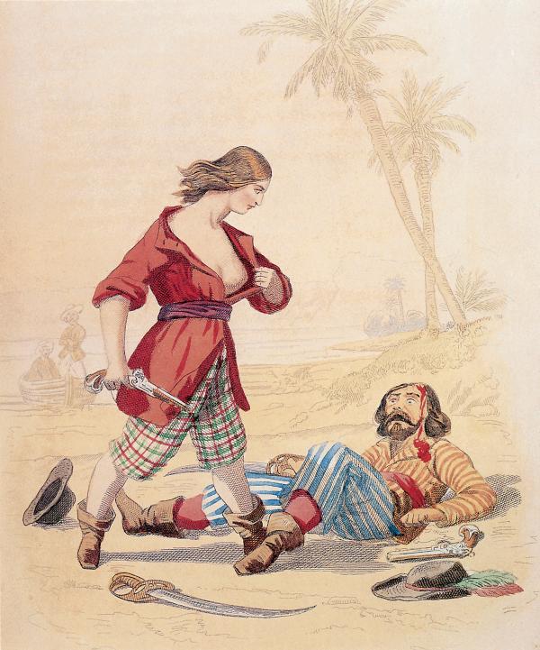 Illustration of woman standing over injured man, exposing herself to him