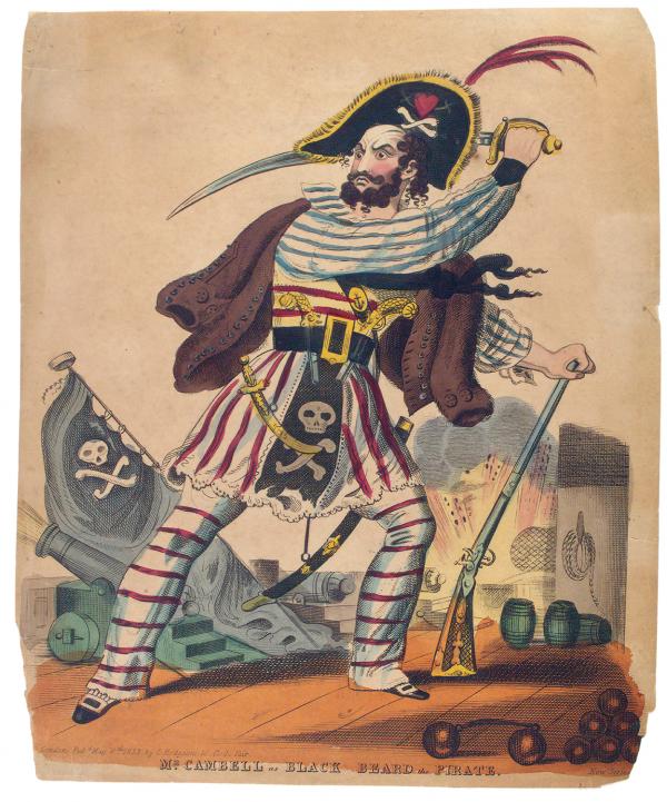 Illustration of a bearded pirate preparing to swing a sword
