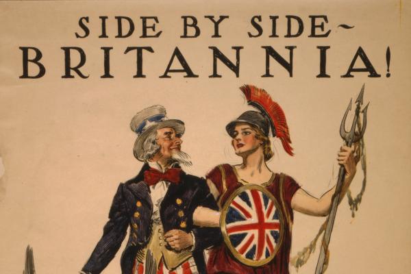 Poster showing Uncle Sam arm-in-arm with Britannia, accompanied by a lion and an eagle.