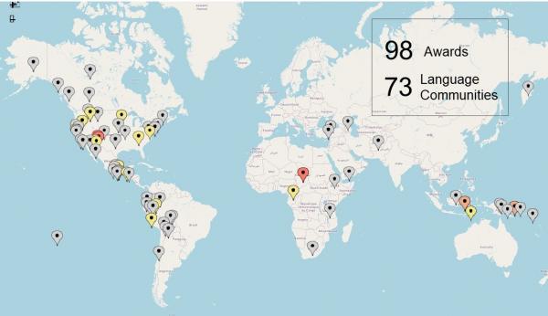 This map shows the geographic distribution of language communities served by DLI-DEL Fellowship holders from 2006 to 2020.