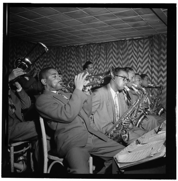 black and white photo Dizzy Gillespie, James Moody, Howard Johnson