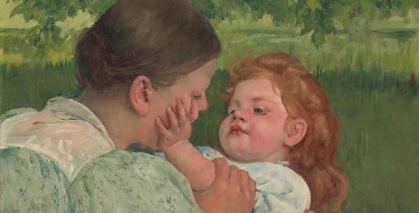 Painting by Mary Cassatt of a mother and child.