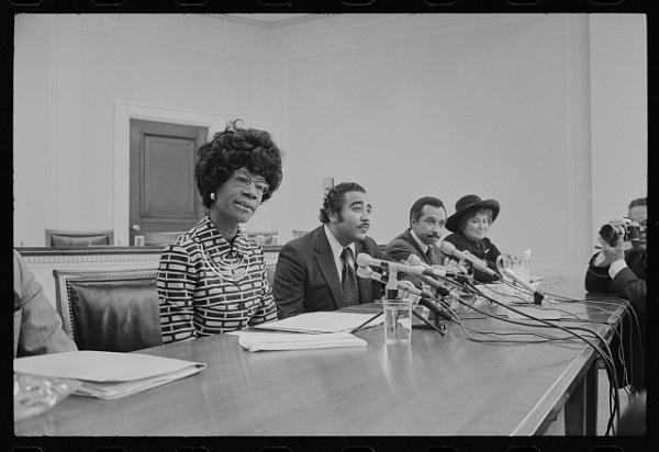 Black and white of Shirley Chisolm announcing her candidacy for the presidential nomination