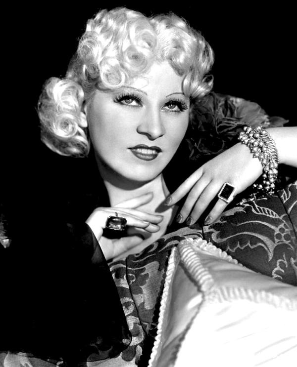 Black and white image of Mae West