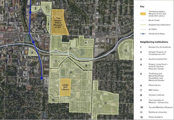 A layout of the proposed Cultural Eco-District. Some of the proposed partners include the University of Missouri-Kansas City, the Kansas City Art Institute, the Toy and Miniature Museum, and the Kemper Museum of Contemporary Art. 