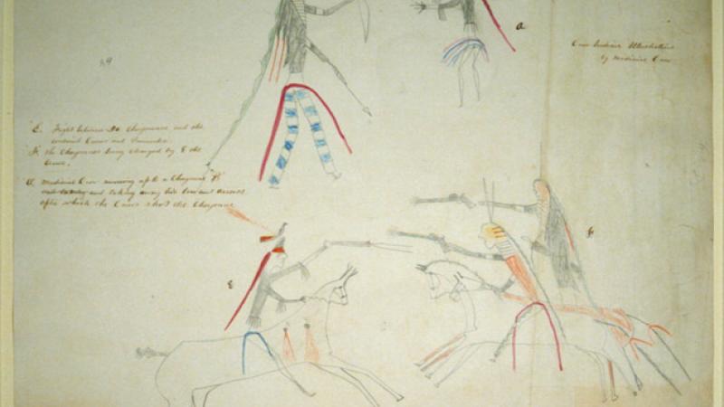 Crow Indian ledger drawing of a Medicine Crow running up to a Cheyenne and taking away his bow and arrows