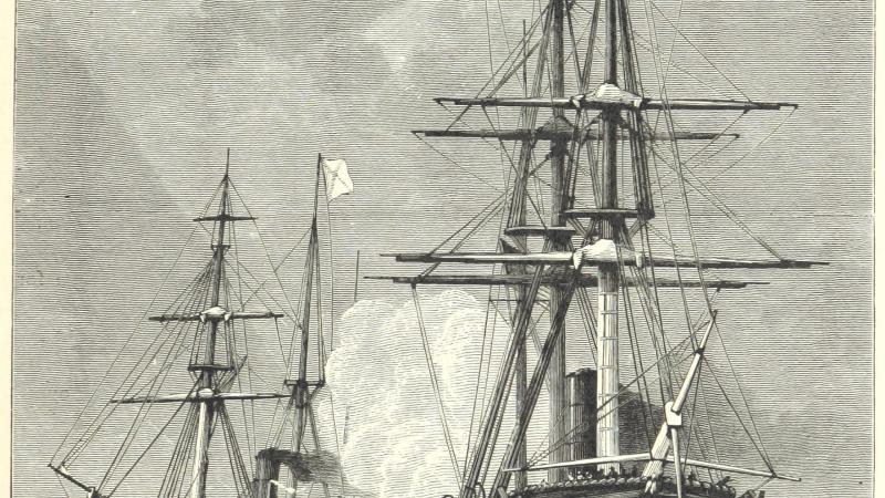Black and white illustration of one steam / sail ship chasing another on the high seas.