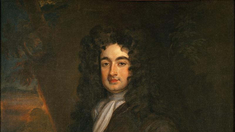 Painting of William Byrd II in a stately pose wearing a curly, black-haired British wig. 