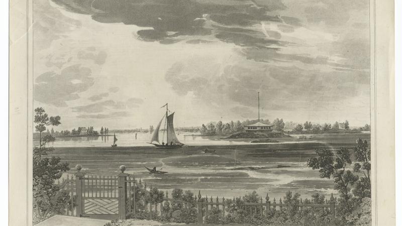 Black and white etching of a view of a lake, sailboat