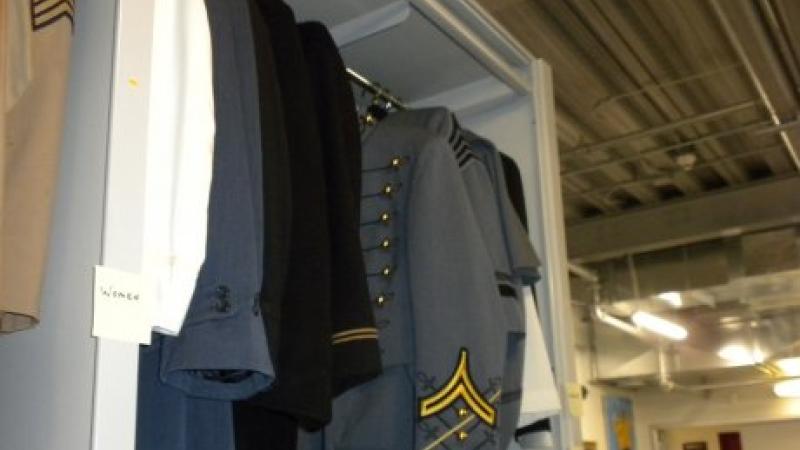 Uniform storage area in the collections room.