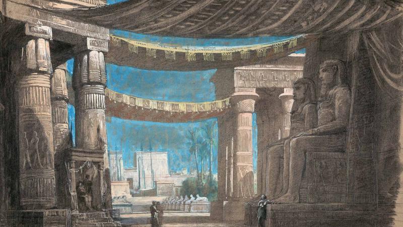 Set design for Act 2, tableau 2 ("Entrance to Thebes") of Verdi's opera Aida as first performed at the Cairo Opera House on 24 December 1871.