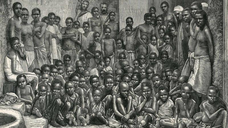 The African slave-trade - slaves taken from a dhow captured by H.M.S. 'Undine' - 1884.