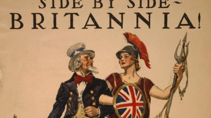 Poster showing Uncle Sam arm-in-arm with Britannia, accompanied by a lion and an eagle.