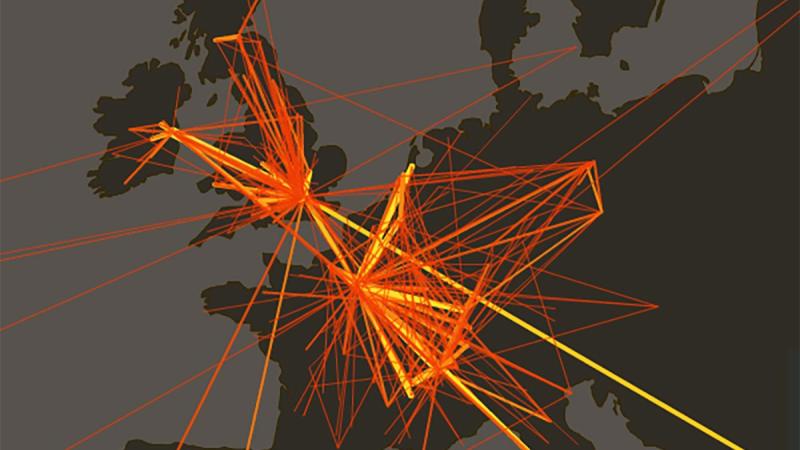 Map of interconnecting lines, which map connections between writers