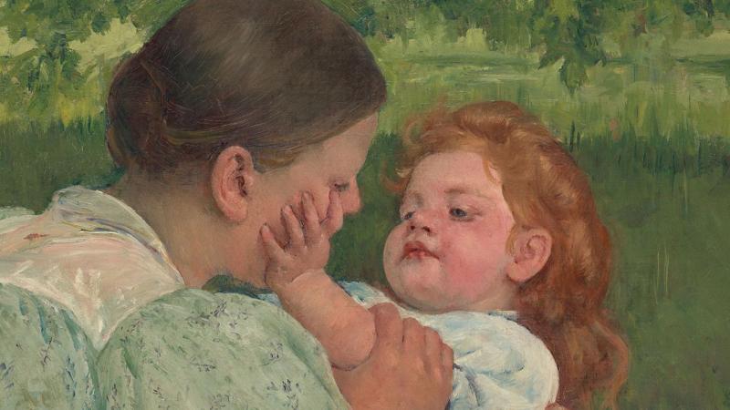 Painting by Mary Cassatt of a mother and child.