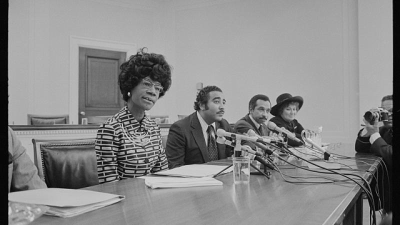 Black and white of Shirley Chisolm announcing her candidacy for the presidential nomination