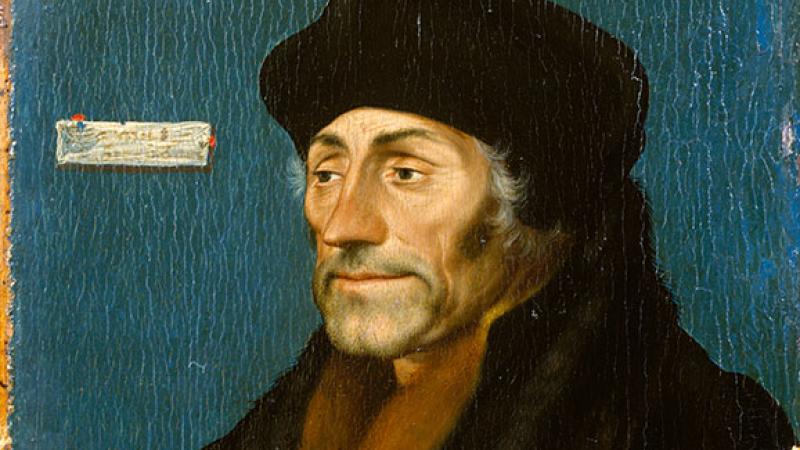 Oil painting of Erasmus of Rotterdam by Holbein