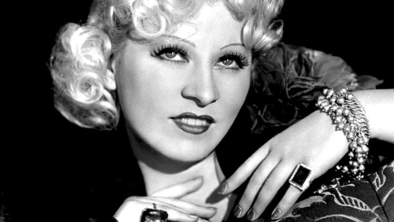 Black and white image of Mae West